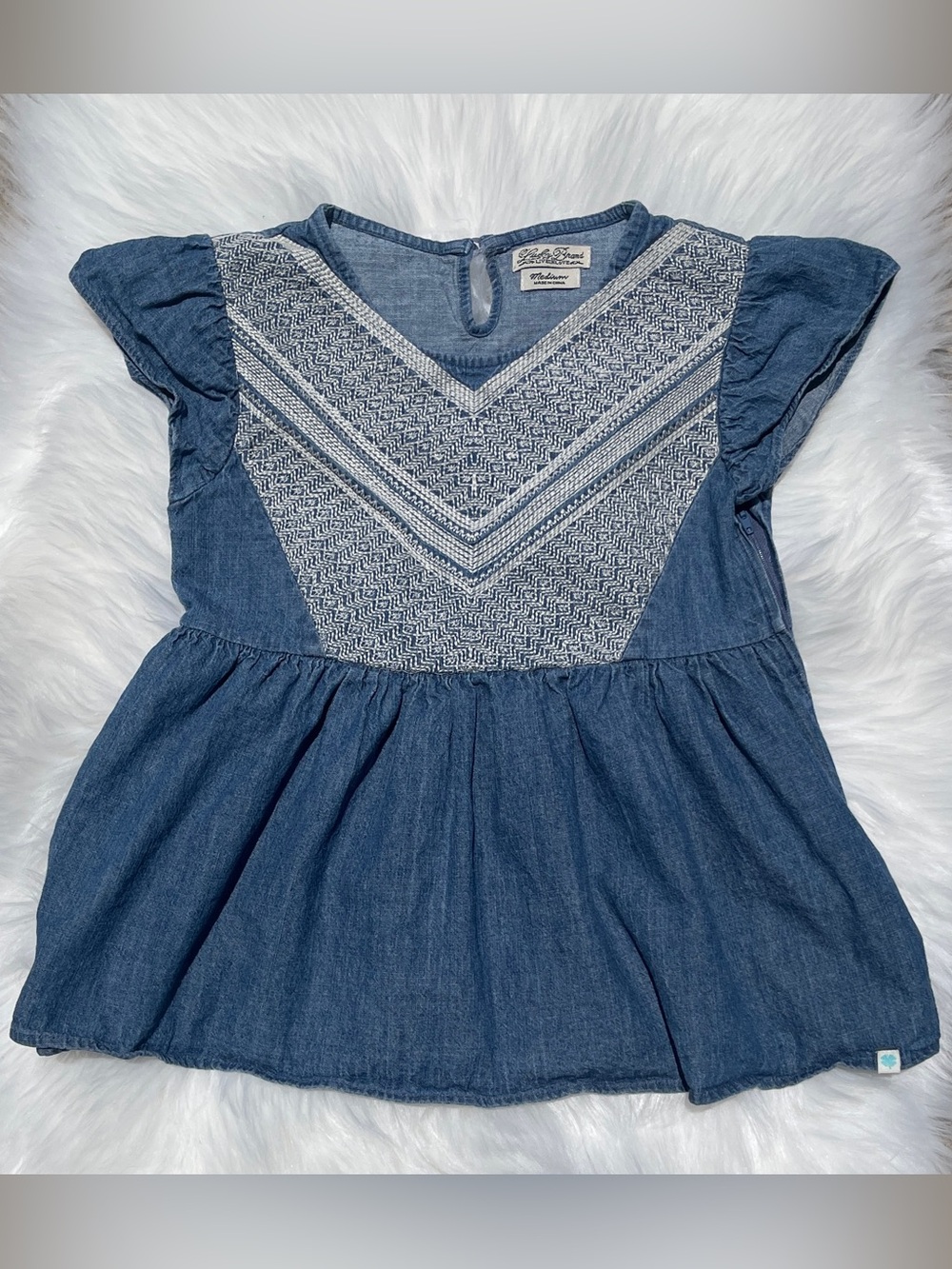 Lucky Brand Blue Chambray Denim Peasant Top with Cream Embroidery. Girls Medium